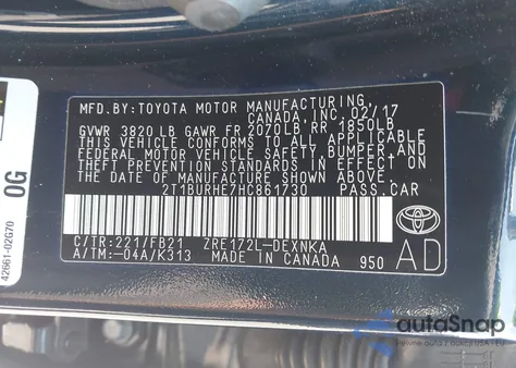 2017 Toyota Corolla Le from USA, damaged, VIN 2T1BURHE7HC861730